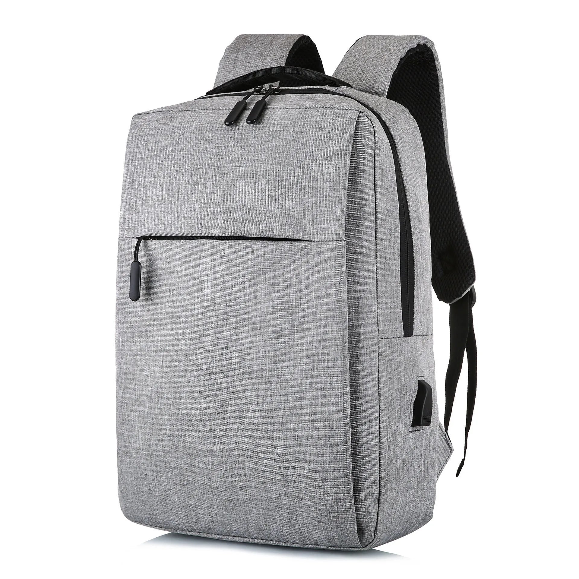 Large black sports backpack with curved shoulder straps showing USB charging port and 20-35 litre capacity