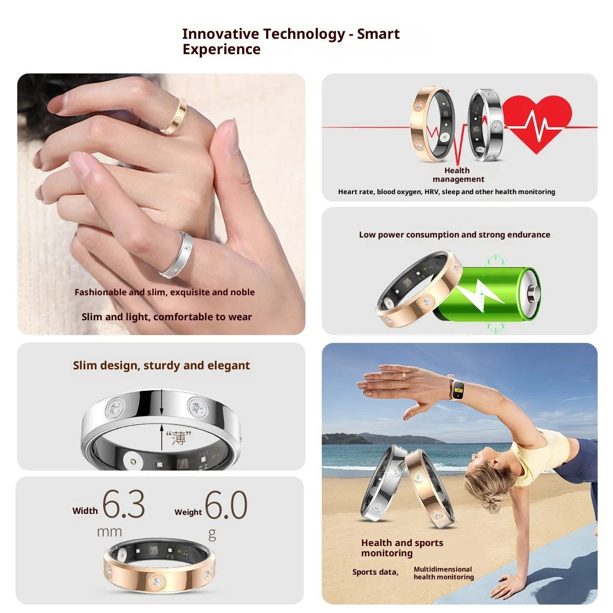 Smart ring blood oxygen heart rate monitor in silver size 10 with charging cable