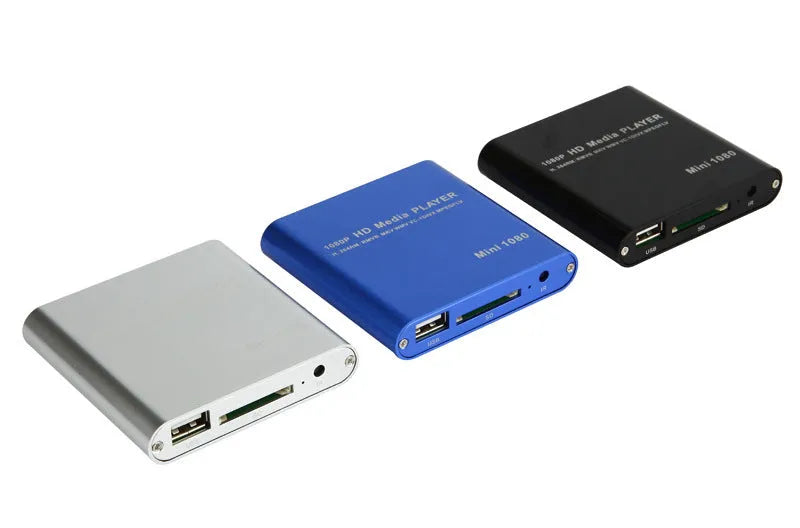 Compact black and blue all-metal 1080P Full HD media player with remote control