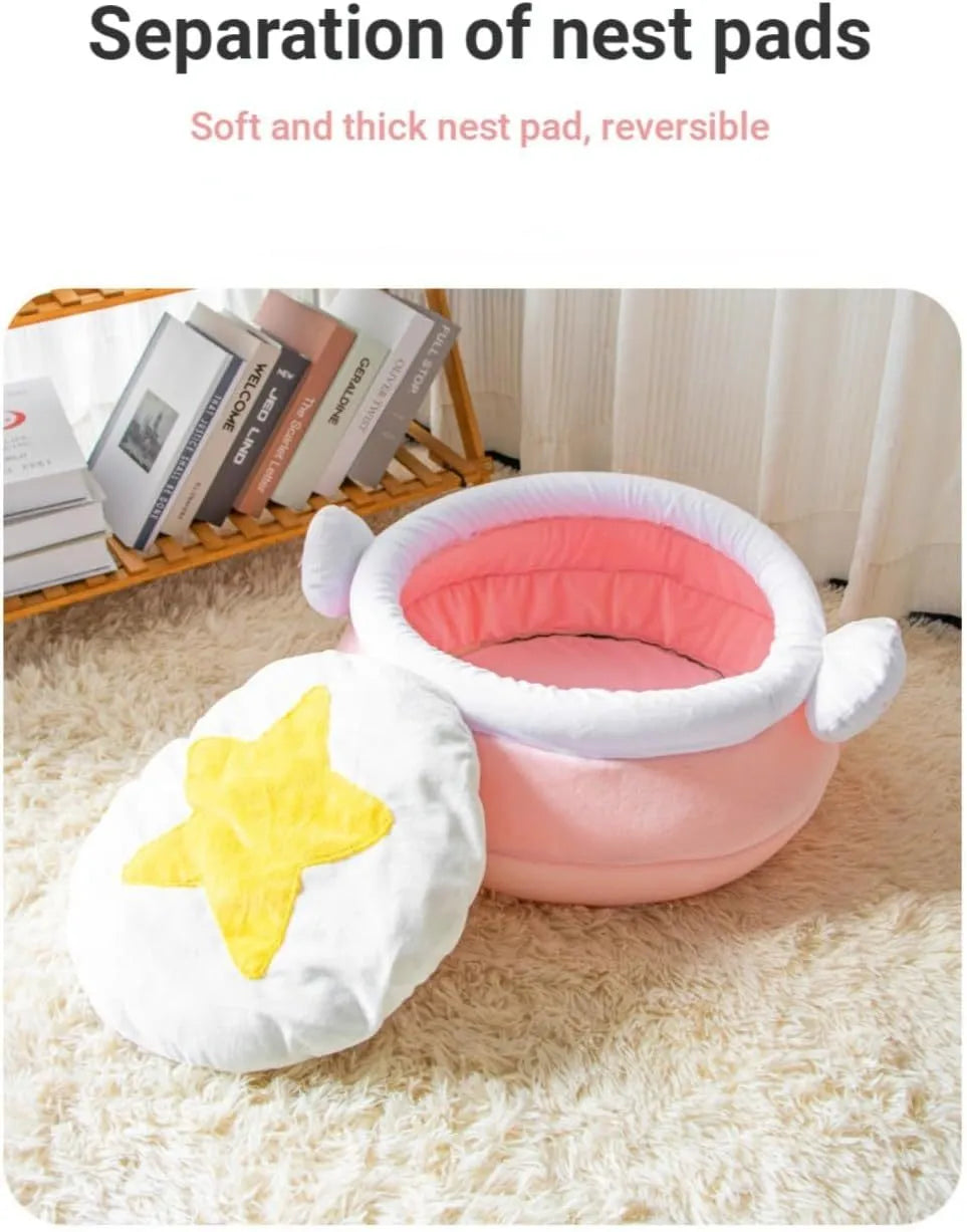 Pink honey pot shaped cat sofa bed with soft interior and a removable cushion for small pets.