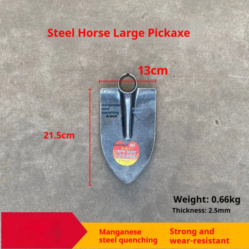 Agricultural flat pointed hoe with a steel horse tip, made from manganese steel.