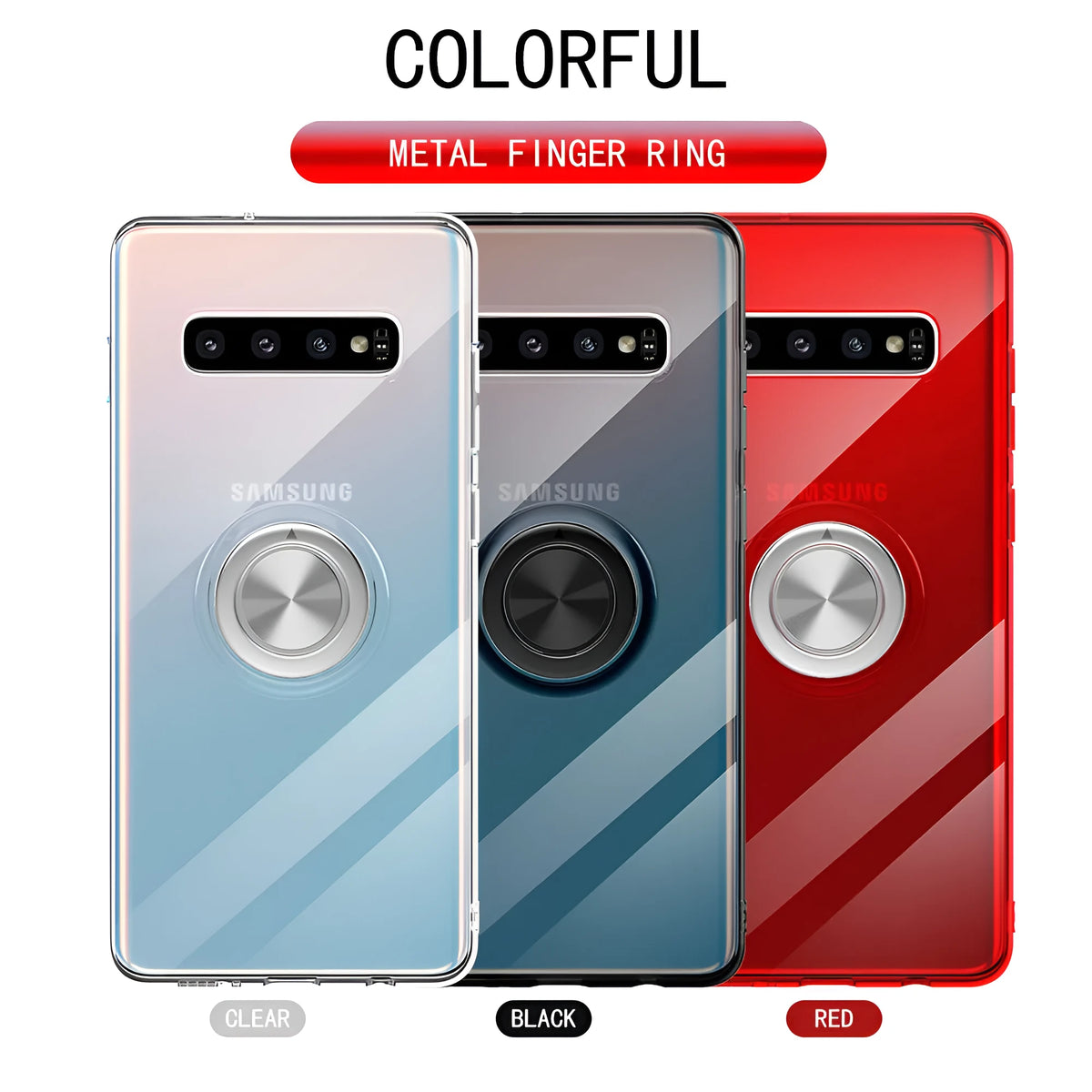 Transparent Samsung phone case with TPU back cover and metal ring for Galaxy S10 5G, shown in clear finish.