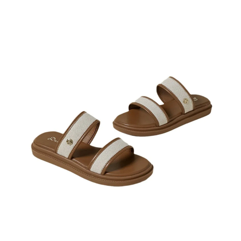 Women's vintage brown soft-bottom flip-flops with artificial PU upper