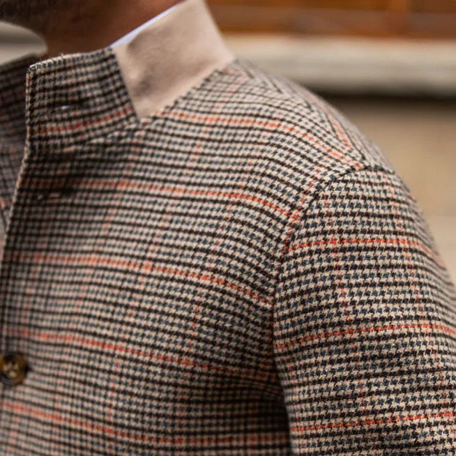 Brown wool blend tweed fleece cropped slim-fit bomber jacket with stand-up collar and front zip