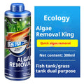 Three bottles of concentrated fish tank algaecide in 300ml, 700ml, and 1100ml sizes for freshwater aquarium and pond treatment