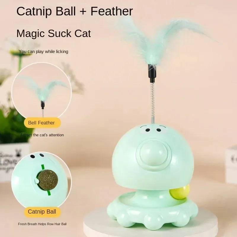 Cat turntable toy with tunnel, leaking food ball and cat stick in green, pink and yellow