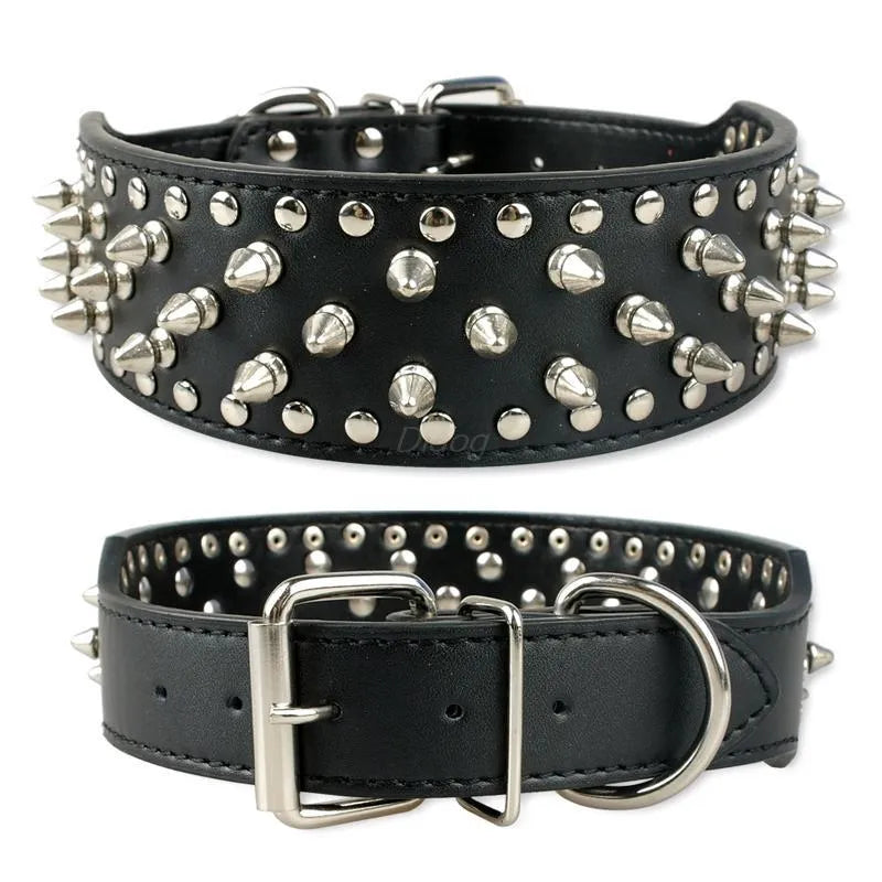 Large dog rivet collar in PU material size L 66x5 cm in black with metal buckle and rivets
