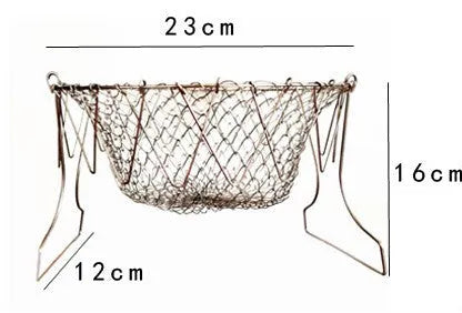 Stainless steel foldable frying basket with square grid design and handle