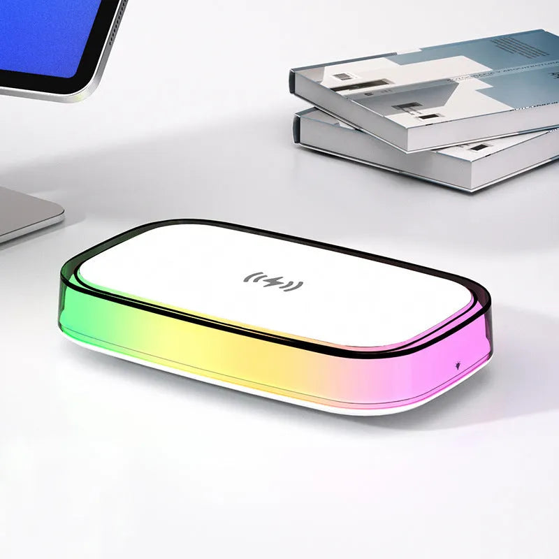 White 15W wireless fast charger with touch night lamp on a desk