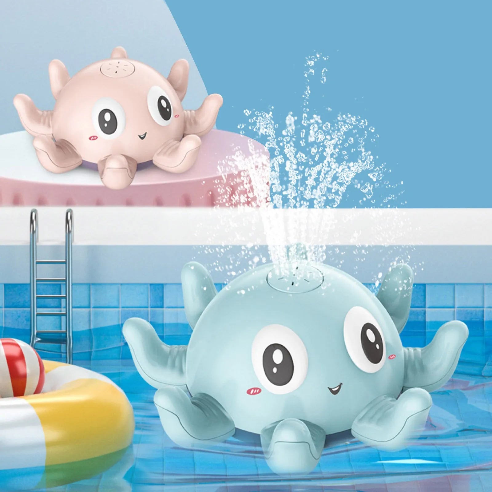 Blue automatic water spray octopus bath toy with flashing lights for children's bath time
