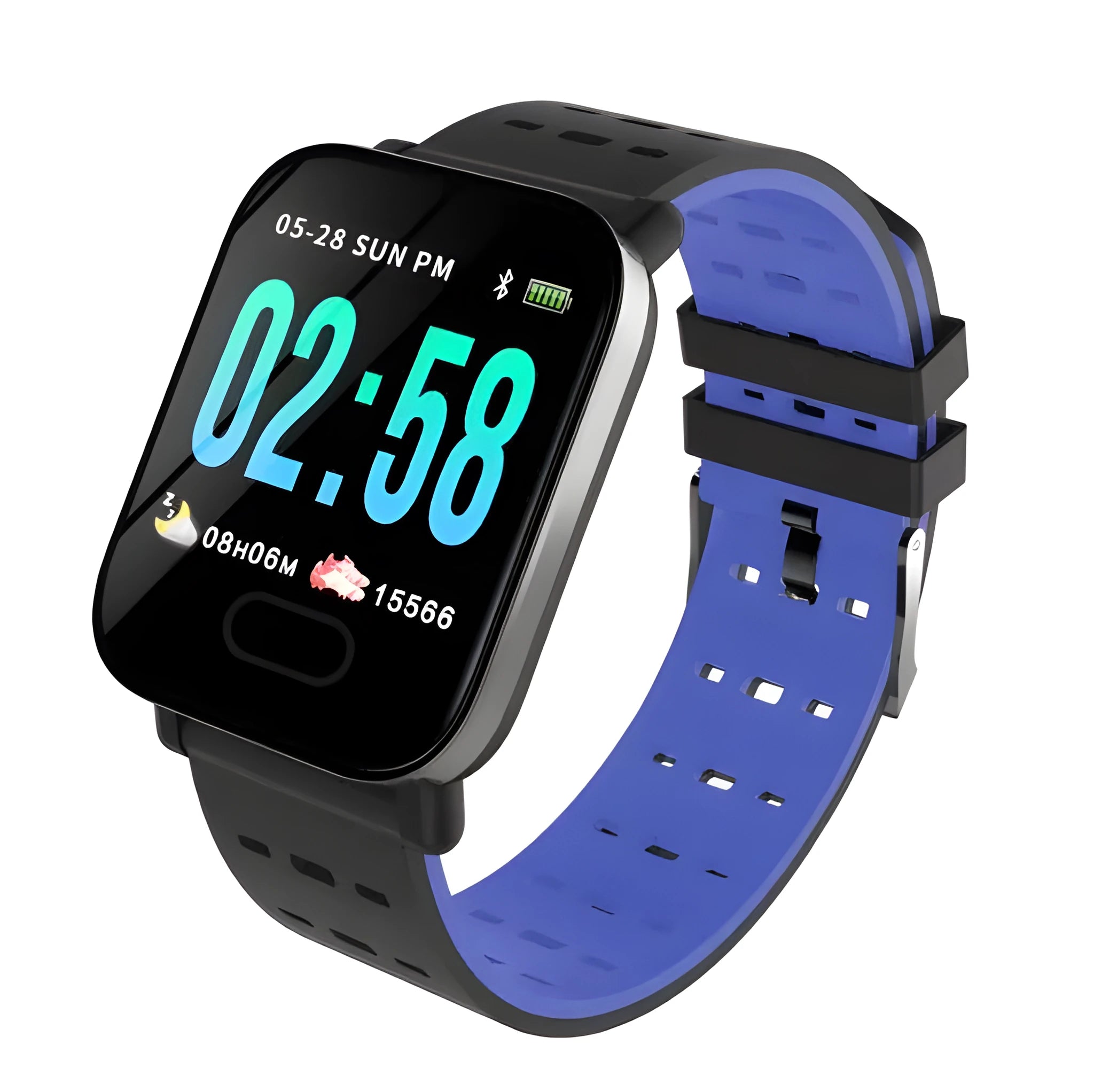 A6 smart bracelet with colour screen and silicone strap in blue, shown on a wrist.