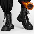 Men's black mid-top Martin boots with a flat rubber sole and PU upper
