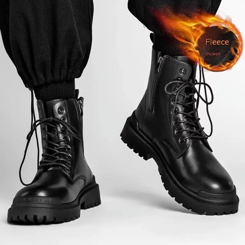 Men's black mid-top Martin boots with a flat rubber sole and PU upper