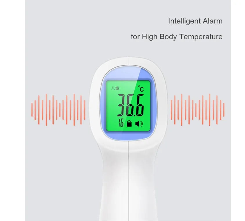 White RAK-FI03 non-contact infrared forehead thermometer with English interface and AAA battery compartment