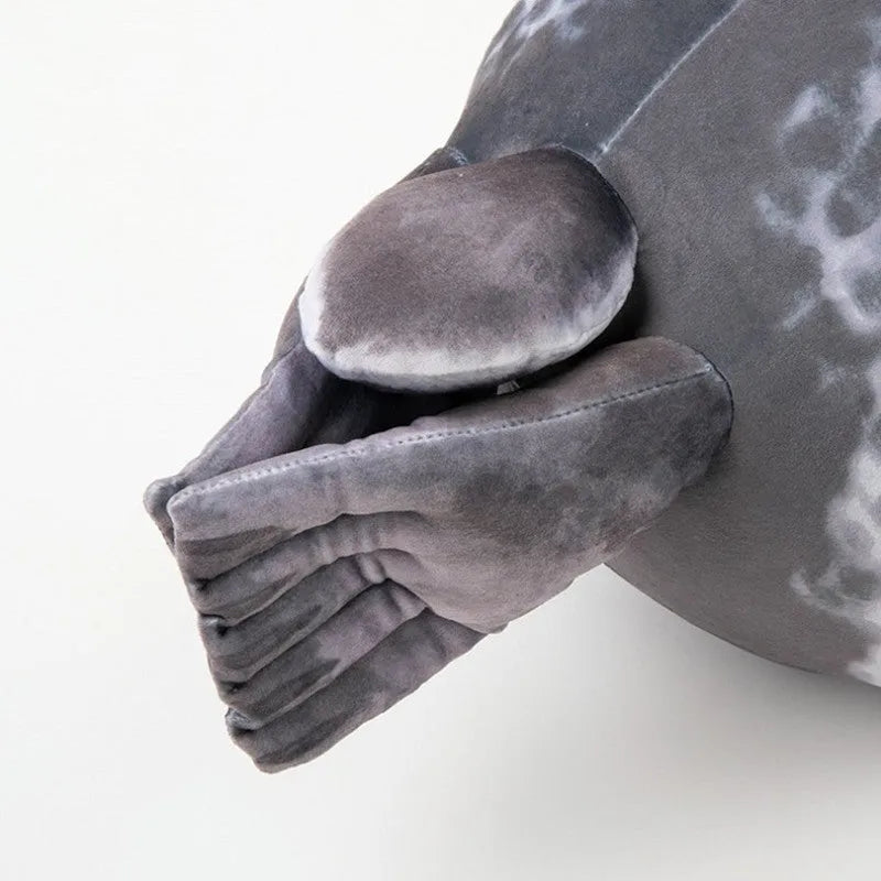 Plush seal cushion in grey, soft stretch velvet fabric, PP cotton filling, lifelike design