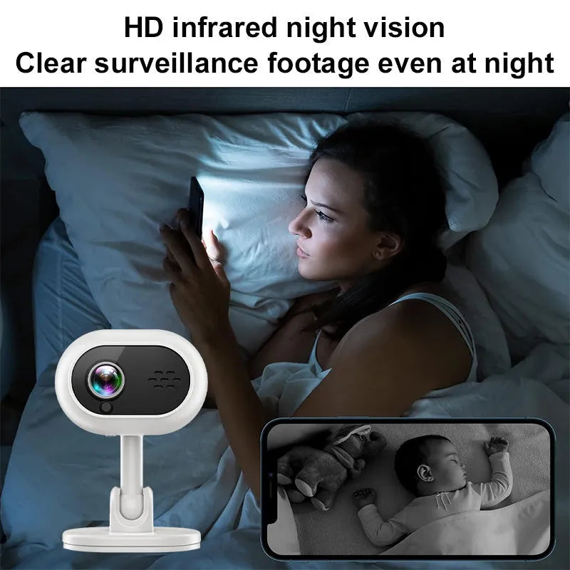 White 1080P HD mini WiFi IP camera with night vision for home monitoring