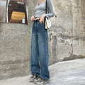 Women's Retro Blue high-waist straight-leg cotton denim jeans on a hanger.