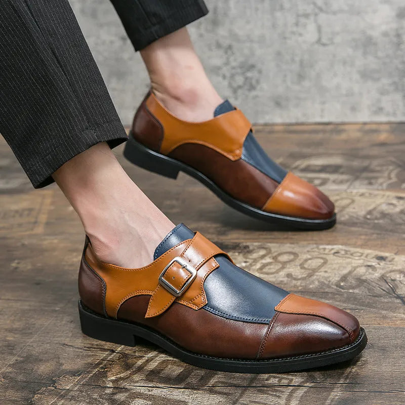Men's British retro style casual leather shoes with buckle and tall crown upper in brown blue colour