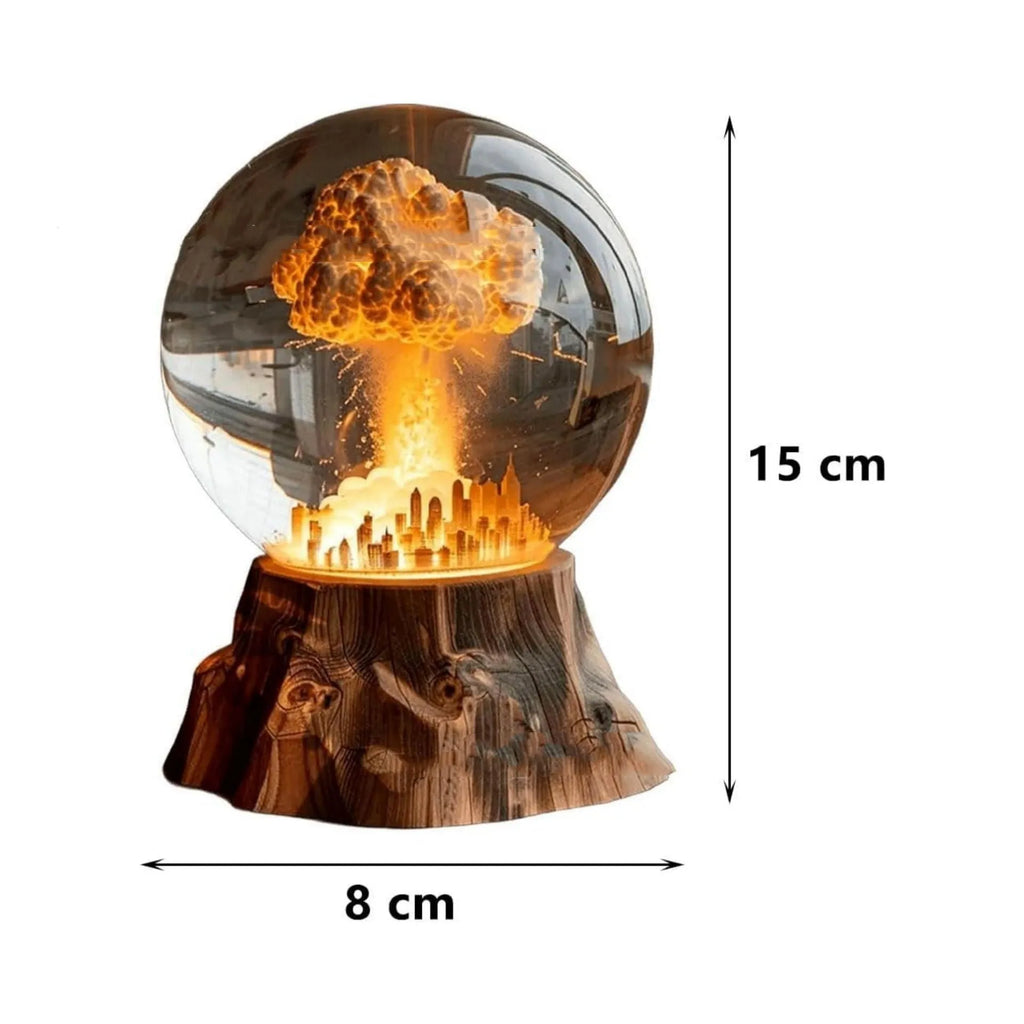 Atomic bomb explosion lamp with 3D mushroom cloud shape, 15 x 8cm hand-painted resin LED night light on a desk