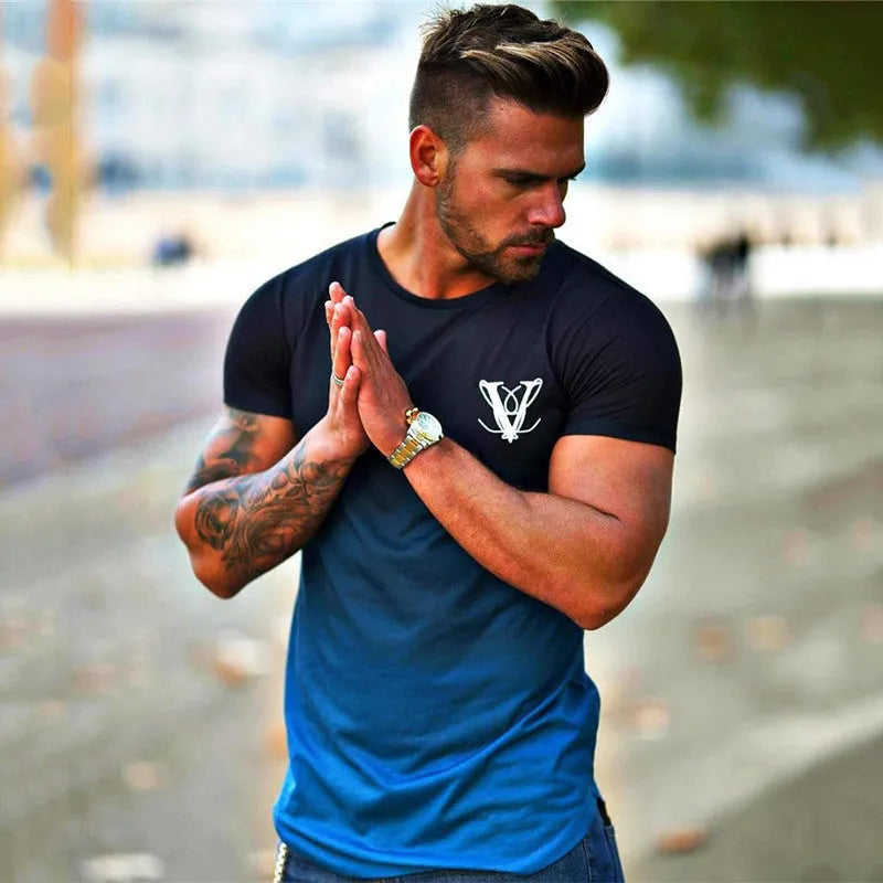 Men's 95% cotton muscle fitness top short sleeve crew neck t-shirt in black blue for gym training