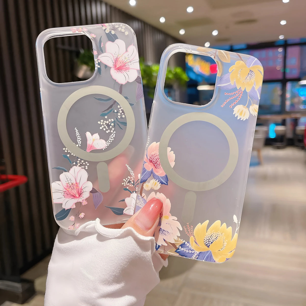 Clear frosted flower iPhone case with magnetic suction, shockproof TPU PC rear cover for iPhone 11-16 models.