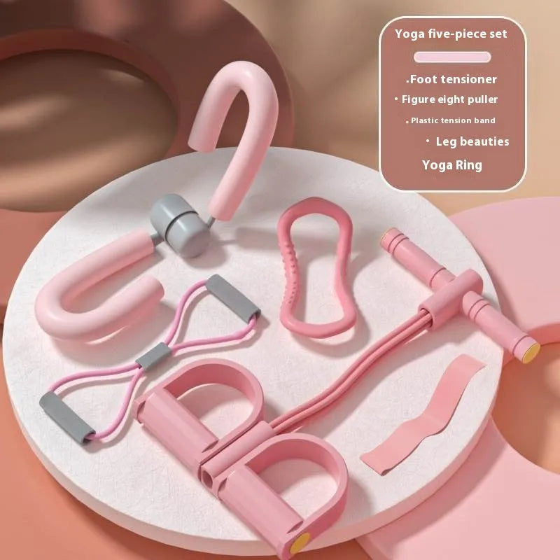 Four-piece yoga fitness set showing leg stretcher, yoga ring, pedal puller, and figure-eight tension rope.