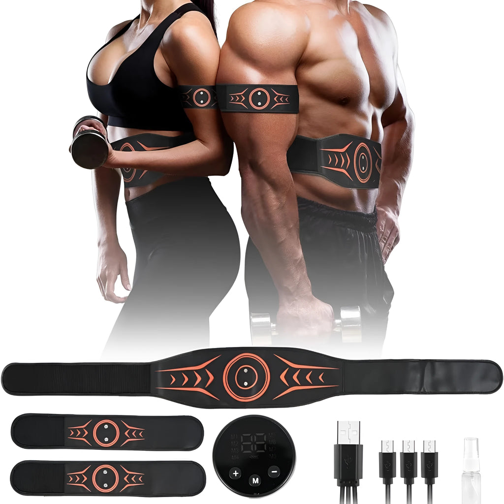Rechargeable EMS massage belt with abdominal strap, host unit and arm stickers for muscle strengthening exercises.