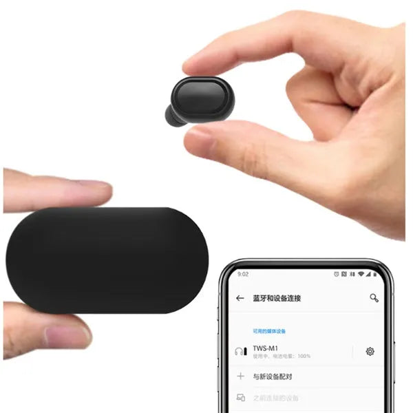 M1 wireless Bluetooth headset in black or white colours with bilateral earbud design