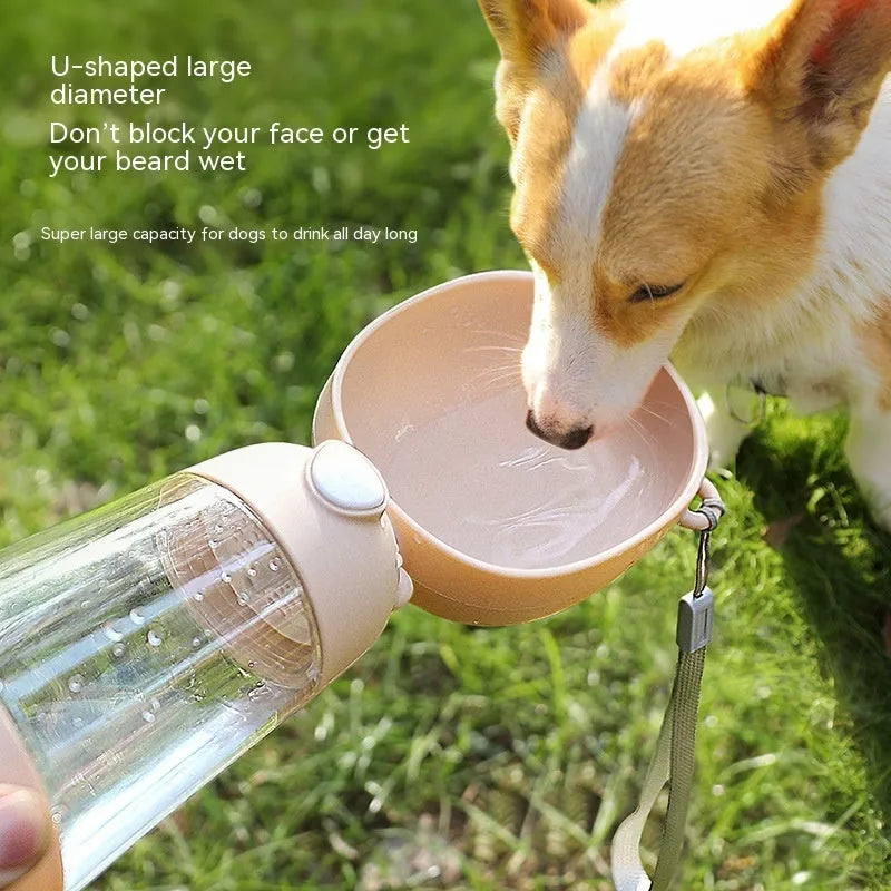 Portable dog water bottle and feeder bowl in PP plastic, shown in brown, pink, and yellow colours.