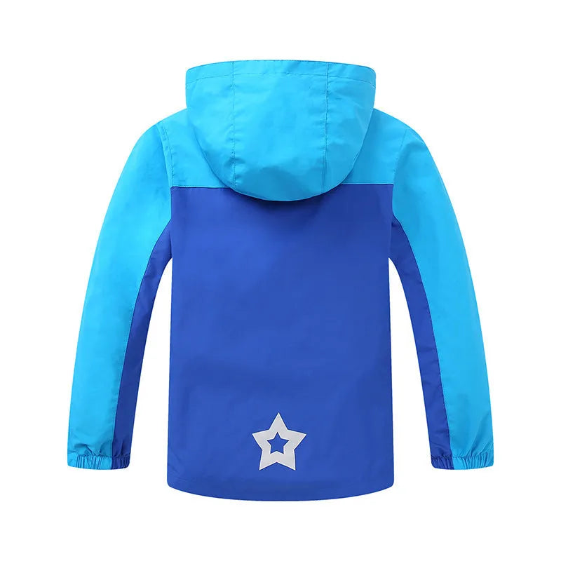 Blue boys' thin autumn jacket with long sleeves and a front zip, laid flat.