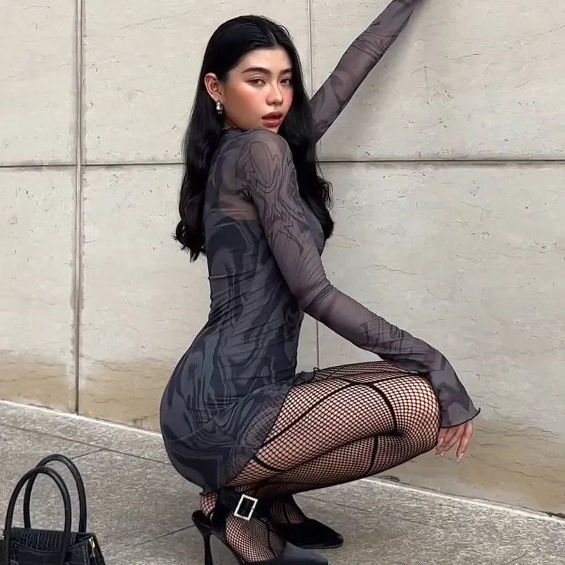 Black mesh halter print bodycon dress two-piece set with sheer long sleeve pullover top and short skirt