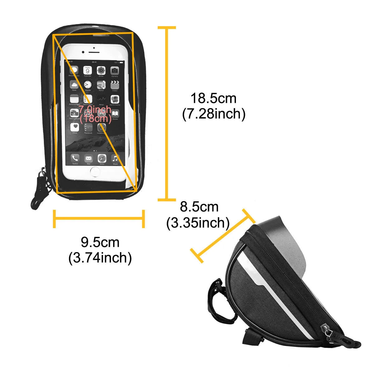 B-SOUL bicycle mobile phone bag with 7-inch touch screen, light barrier design, 18.5 x 9.5 x 8.5 cm, available in red, grey, black, and blue