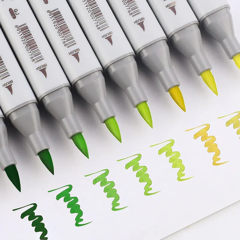Set of 48 oily soft-tip markers with round and oblique heads for hand-painted art in multiple colours.