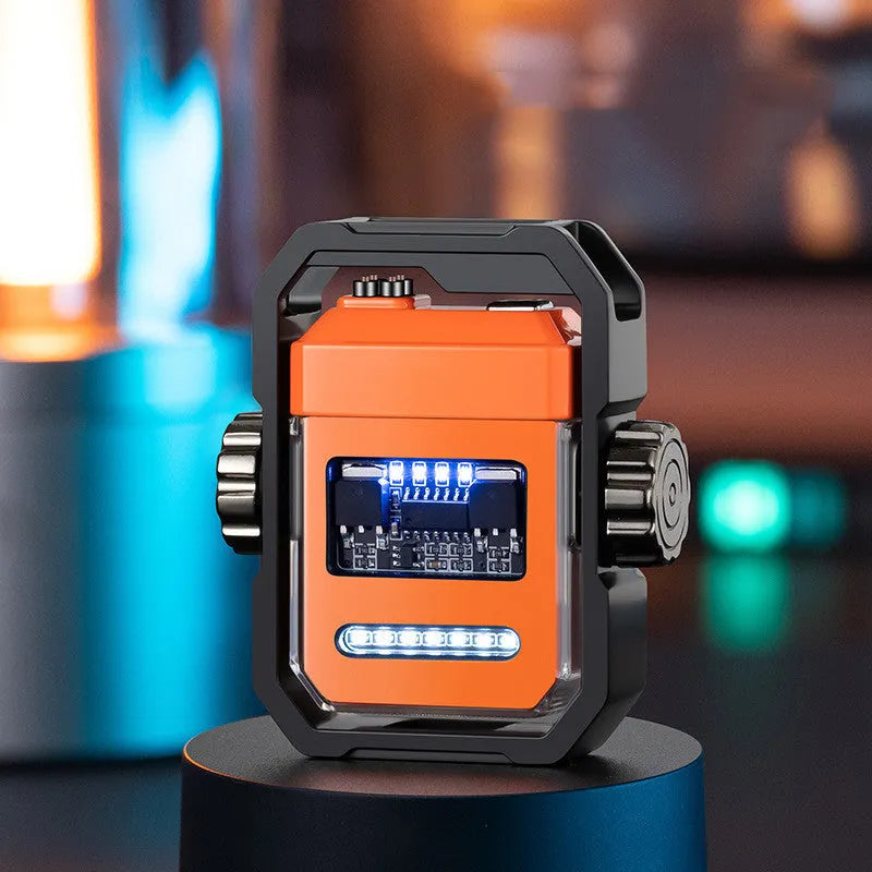 Blue windproof plasma electric lighter with a spinning metal gyroscope and USB Type-C charging port