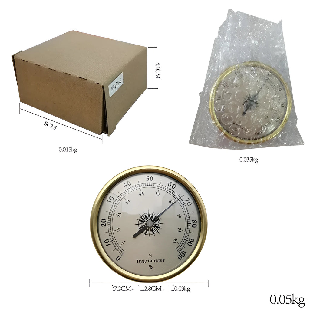 Analog thermometer and hygrometer with aluminium dial and outer ring on a white background.