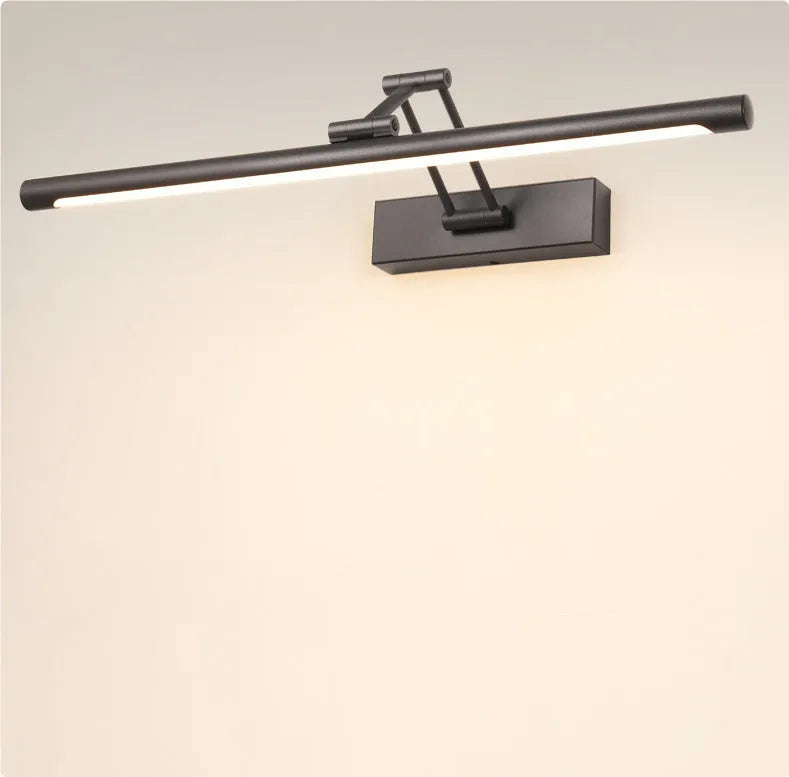 Modern sand black LED strip light mounted above a bathroom mirror, showing even front illumination.