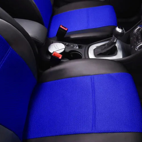 Set of artificial leather car seat covers in various colours showing headrest and seat pieces with hooks.