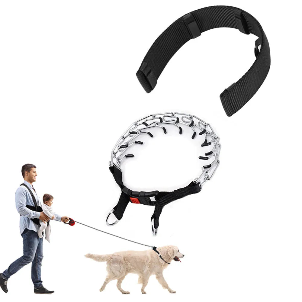 Dog training collar with removable plastic spikes in reflective blue colour, shown with neck cover accessory
