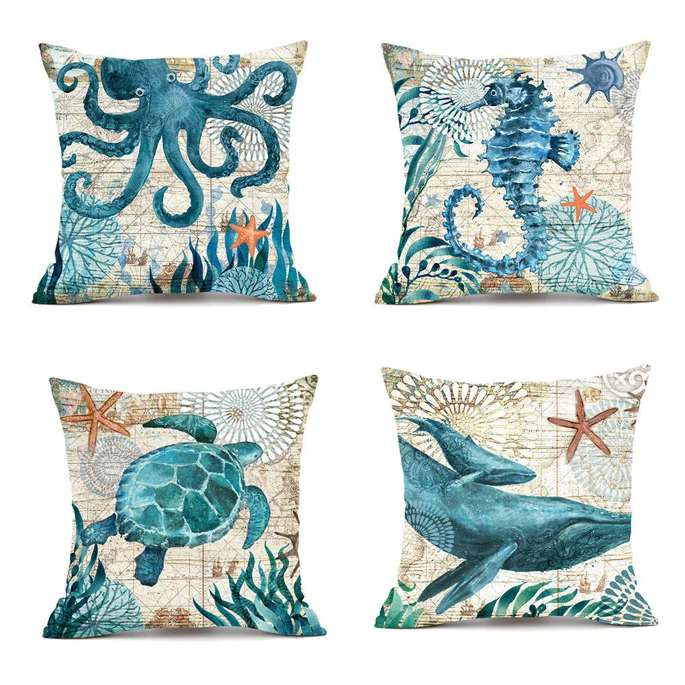 Sea turtle printed linen cushion cover 45x45cm with invisible zipper for sofa or chair
