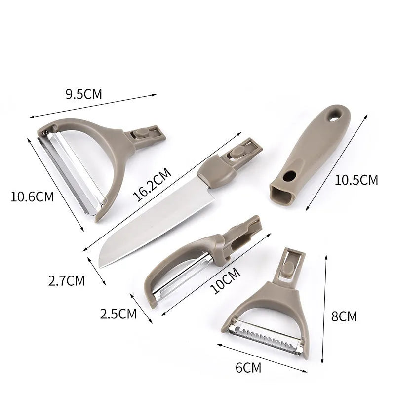Green eight-piece multi-function kitchen planer set with stainless steel blades and ergonomic handles on a white background.
