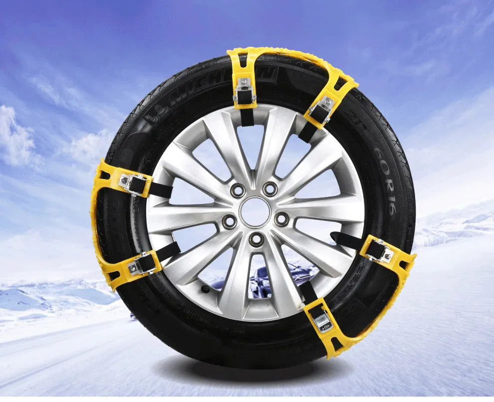 Yellow universal snow chain made from widened thickened TPU with steel nails for non-slip winter traction