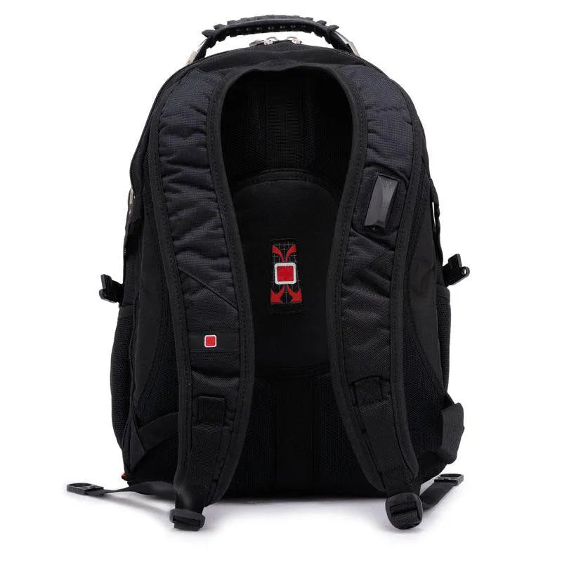 Black business computer backpack showing multiple compartments and organiser pockets.