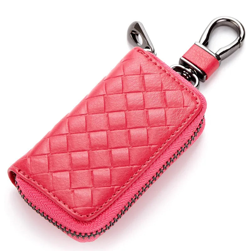 Woven split leather car key case, 9.5cm x 5.5cm x 2cm, shown in Black, Blue, Brown, Khaki, Rose red and Wine red.