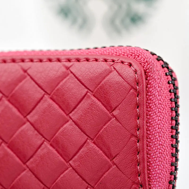 Woven split leather car key case, 9.5cm x 5.5cm x 2cm, shown in Black, Blue, Brown, Khaki, Rose red and Wine red.