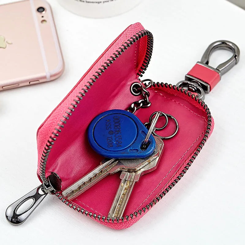 Woven split leather car key case, 9.5cm x 5.5cm x 2cm, shown in Black, Blue, Brown, Khaki, Rose red and Wine red.