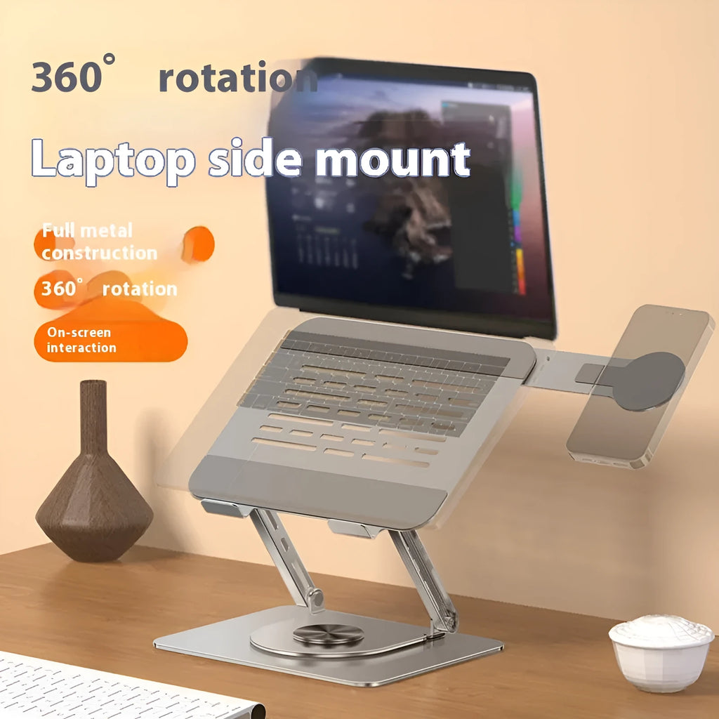 Silver carbon steel laptop stand with rotatable magnetic phone holder for 17-inch laptops