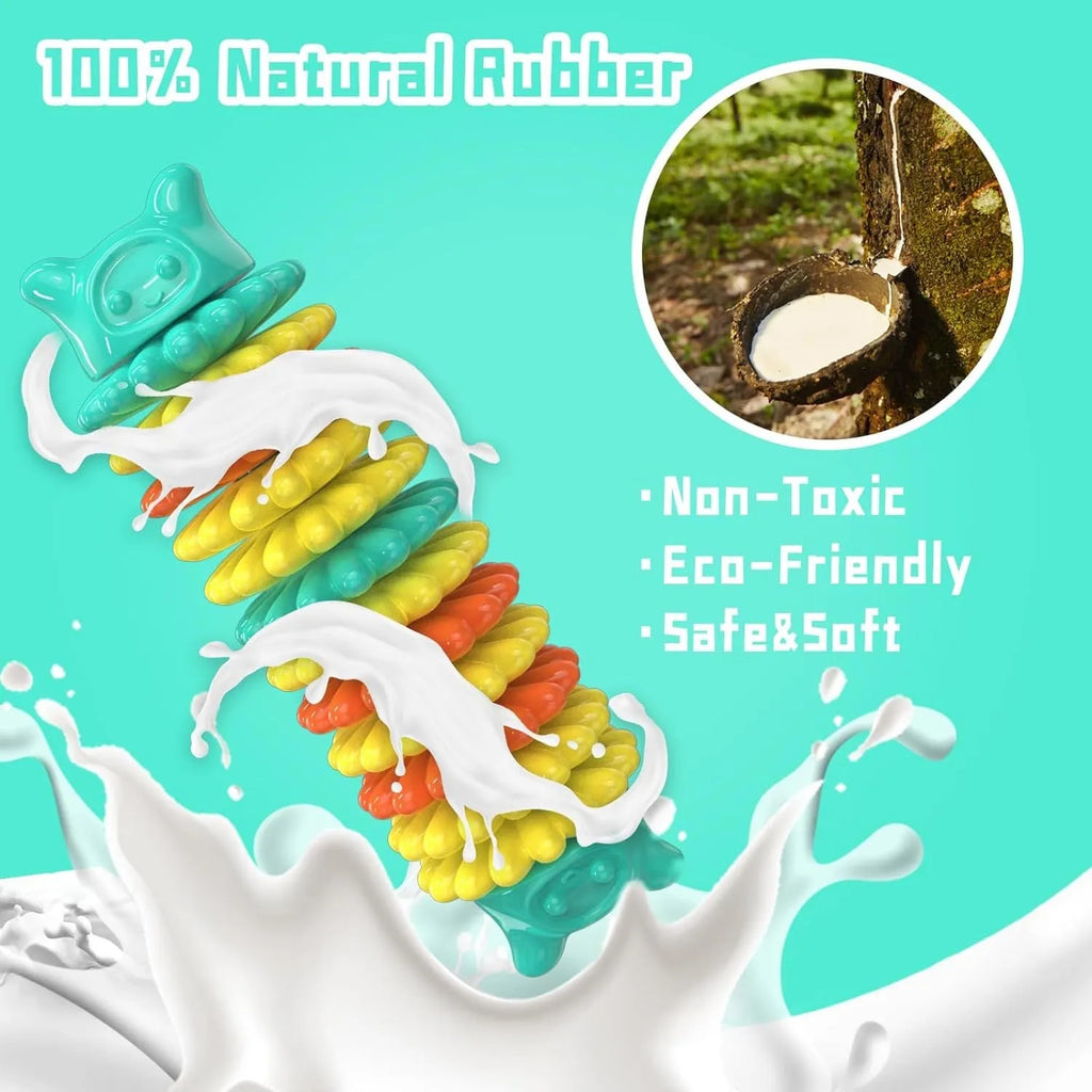 Blue green pink caterpillar-shaped natural rubber chew toy for dogs on a white background