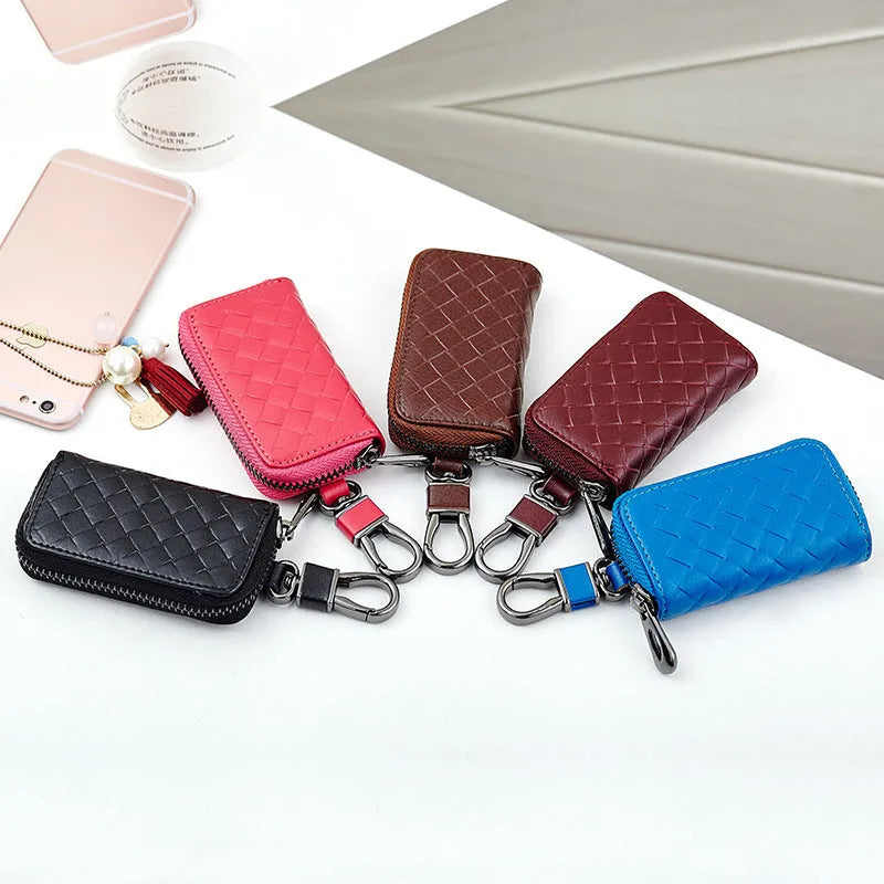 Woven split leather car key case, 9.5cm x 5.5cm x 2cm, shown in Black, Blue, Brown, Khaki, Rose red and Wine red.