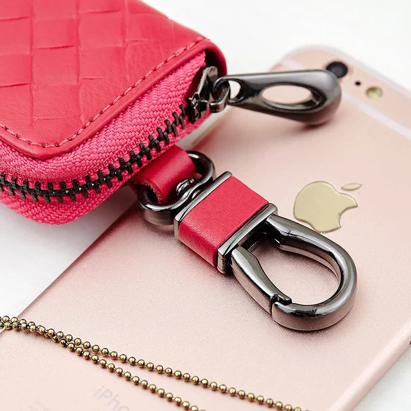 Woven split leather car key case, 9.5cm x 5.5cm x 2cm, shown in Black, Blue, Brown, Khaki, Rose red and Wine red.