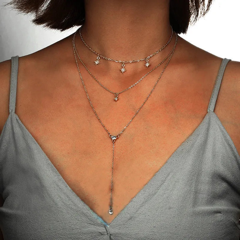 Moon star multilayer necklace set in alloy with plated finish, women's sweater chain, 1x star necklace